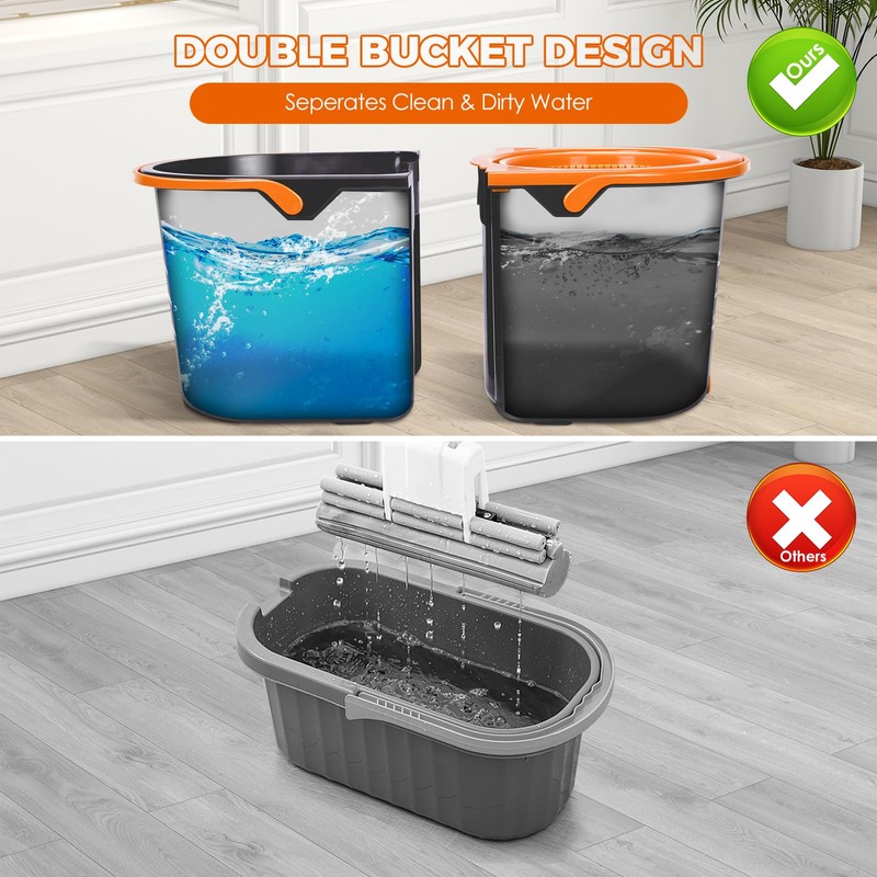 Nolopau Spin Mop and Bucket with Wringer Set, Double Bucket