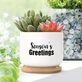 DecStic Season's Greetings Planters Ceramic Bible Verse Round Plant Pots with Drainage Holes and Bamboo Tray Pot for Home Office Desk Garden