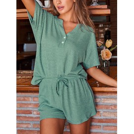 CUPSHE Womens Jersey Short Sleeve Top & Shorts V Neck Cotton Soft Loungewear Sleepwear Pajama Set, grey