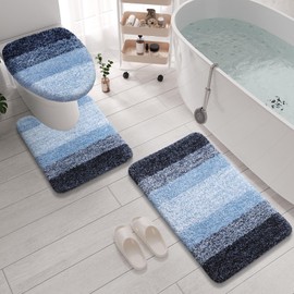 Arotive Microfiber Bathroom Rugs 3 Piece with Toilet Lid Cover, Shaggy Soft and Absorbent Bath Rug, Non-Slip, Machine Washable Bath Mats for Bathroom（24x16+24x20+17.5x15, Blue