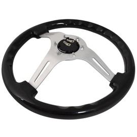 AJP Distributors Wakaba Horn Button 345mm 6 Bolt Black Wood Grain Trim Silver Aluminum Center Streak Style 2" Inch Deep Dish Steering Wheel
