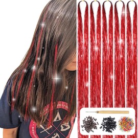 AIFIHIYI Hair Tinsel Kit with Tools Red Tinsel Hair Extensions Fairy Hair Tinsel Heat Resistant, Sparkling Shinny Glitter Hair Extensions Tinsel Hair Accessories for Girls Women Kids (Red)