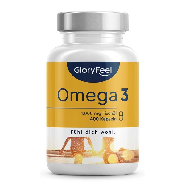 GloryFeel Omega 3 Fish Oil Capsules 1000 mg – The Comparison Winner 2019 – 400 Pieces High Dose – With 180 mg Eicosapentaenoic Acid (EPA) and 120 mg Docosahexaenoic Acid (DHA) Per Omega 3 Soft Gel Capsule – Without Magnesium Stearate