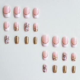 French Tip Press on Nails Medium Square Fake Nails Christmas Cute Deer False Nails with Star Gold Glitter Designs Winter Glue on Nails White Acrylic Nails Tips Xmas Stick on Nails for Women 24Pcs