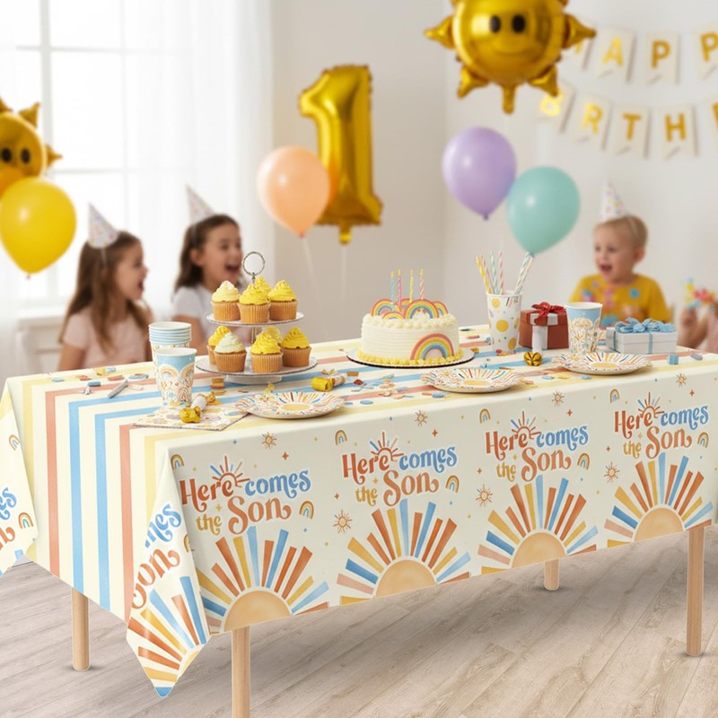 3Pcs Here Comes The Son Baby Shower Decorations Tablecloths Plastic