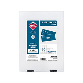 MACO Laser/Ink Jet White Address Labels, 1" x 2-5/8", 250 Sheets, 7500 per Box (ML-3000B)