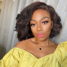 Lady Miranda Short Curly Wig Short Bob Loose Wave Wigs for Black Women Lace Part Wig Side Part Wigs Nature Curly Synthetic Heat Resistant Weave Full Wigs for Women (Mixed Brown)