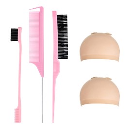Sleek Bun Tent Brush Set, Pink, Bristle Hair Brush, Handle Comb, Rat Tail Hair Comb, Double Edge Brush Combs, Care Edges with 2 Wigs, Hair Nets for Hairdressers, Women, Babies, Children