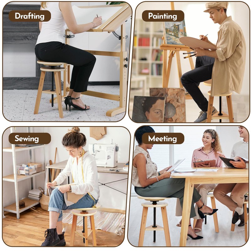 conda Adjustable Height Wooden Drafting Stool 19" to 26", Beech