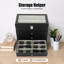 WsrrLun 24 Slot Eyewear Display Case, 4 Tier Glasses Storage Case with Clear Glass Top, 4 Drawer Jewelry Organizer Tray, 13.2"x7.5"x11.6", Black