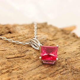 Shineadime 5.5MM Princess Shape Simulated Pink Ruby 4-Prong Set Classic Solitaire Pendant Necklace Along With 18" Chain In 14k Gold Over Sterling Silver Gift For Women