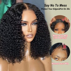 14 Inch Human Hair Bob Wig 4x4 Curly Glueless Wig Human Hair for Black Women 180% Density Real Hair Wig with Precut Lace for Beginners (35 cm)