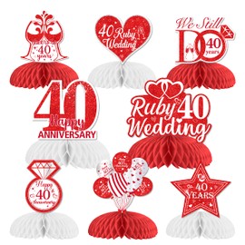 Fangleland 8Pcs Ruby Wedding Anniversary Table Decorations, Honeycomb Centerpieces Table Toppers Cheers to 40th Wedding Anniversary Honeycomb Table Topper for Happy Anniversary Decorations Romantic