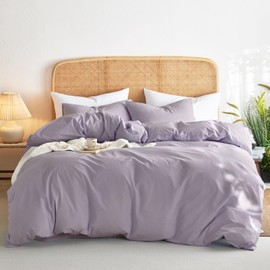 Wake In Cloud - Cotton Duvet Cover Set, Full Size, Light Purple, 100% Washed Cotton, Linen Like Textured, Breathable Percale Durable Comfy Farmhouse Neutral Bedding Set, 3 Pieces