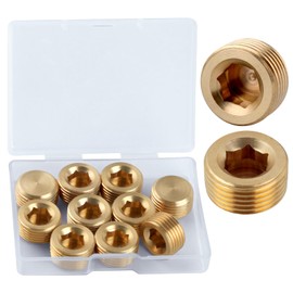 LEONTOOL NPT Male Pipe Plug Fitting Set 3/8" 10pcs Brass Pipe Plug Set NPT Male Plug Fitting Set Internal Hex Thread Socket Pipe Fitting Brass Pipe Plug Fittings Brass Hex Countersunk Plug NPT Plug