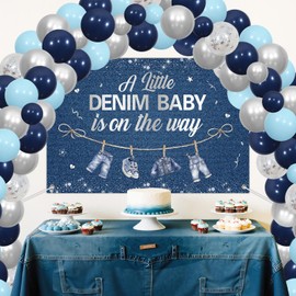 Jollyboom Blue Jean Denim Baby Shower Decorations, a Little Denim Baby Is On The Way Decorations Backdrop Banner Balloons Arch for Welcome Baby Blue Jean Clothes Pregnancy Gift