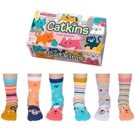 Catkins Cat Oddsocks Socks in 27-30 in Set of 6 - Stocking, Colourful