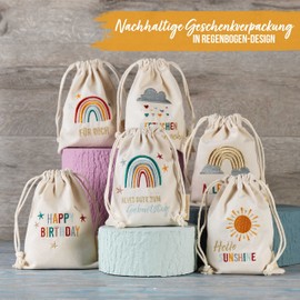 Papierdrachen 6 Birthday Gift Bags - Rainbow - Made of Cotton - Beautiful and High Quality Embroidered - Ideal for Wrapping Gifts - Size 13 x 18 cm with Drawstring