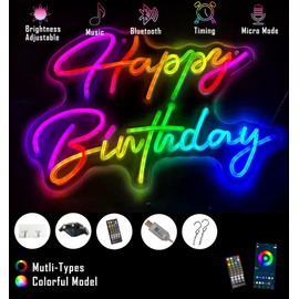 Smart RGB & Color Flow Effect Happy Birthday LED Neon Sign with Remote & App Control Music Sync Timer Setting LED Acrylic Light for Wall Party Décor Bedroom Bar Wedding Home Birthday USB Powered