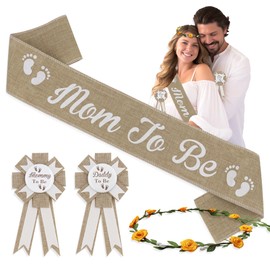 Mom to be Sash Baby Shower Set, Boho Baby Shower Sash, Mommy and Daddy to be Pins, Flower Crown for Gender Reveals Party, Maternity Shoot Props (Khaki)