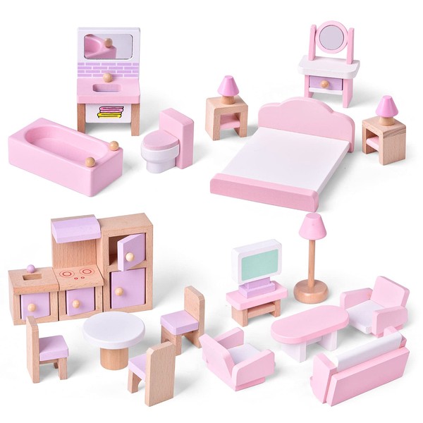 FUN LITTLE TOYS 4 Set Wooden Doll House Furniture, 22 PCs Dollhouse Accessories, Pink Wooden Toys
