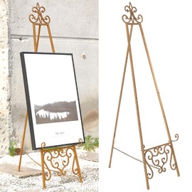 18.25"L x 25.5"W x 55"H Metal Scroll Extra Large Free Standing Adjustable Display Stand Easel with Chain Support, Heavy Duty Easel for Sign, Wedding, Picture Frame, Mirror, Gold (No Assembly Required)