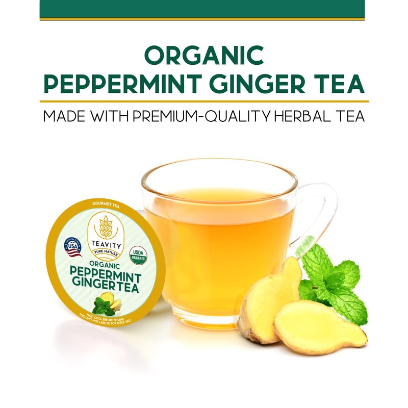 Teavity Organic Peppermint Ginger Tea Pods for Keurig - Decaf,