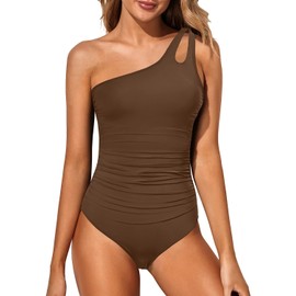 Holipick One Shoulder One Piece Swimsuit for Women Tummy Control Bathing Suits Modest Full Coverage Keyhole Swimwear Brown