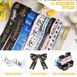 10 Rolls 50 Yards Graduation Grosgrain Ribbons 3/8 and 1 Inch Class of 2022 Ribbons Bronzing Congrats Grad Ribbon Metallic Glitter Wrapping Ribbon for Graduation Classroom Party Supplies DIY Crafts