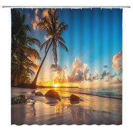 JIRGIXA Ocean Beach Shower Curtain Blue Yellow Tropical Sea Beach Sunset Palm Tree Nature Scenery Landscape Fabric Bathroom Decor Curtain with Hooks,70Wx70H Inches