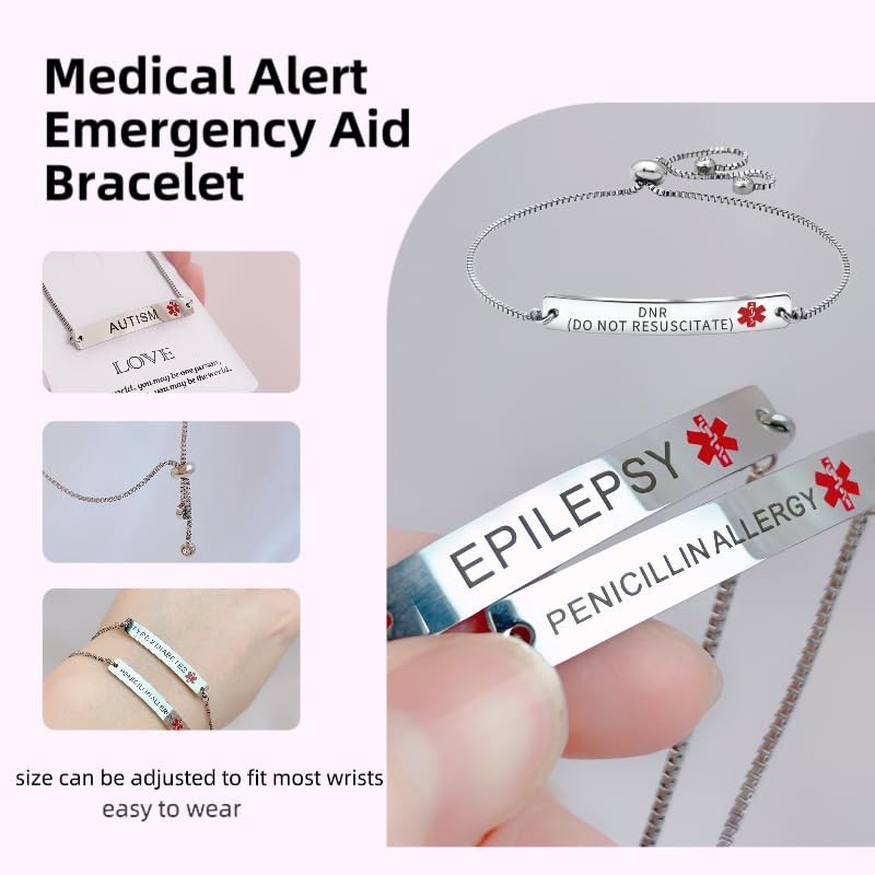 RENYILIN Stainless Steel Box Chain Adjustable Medical Alert Emergency Aid