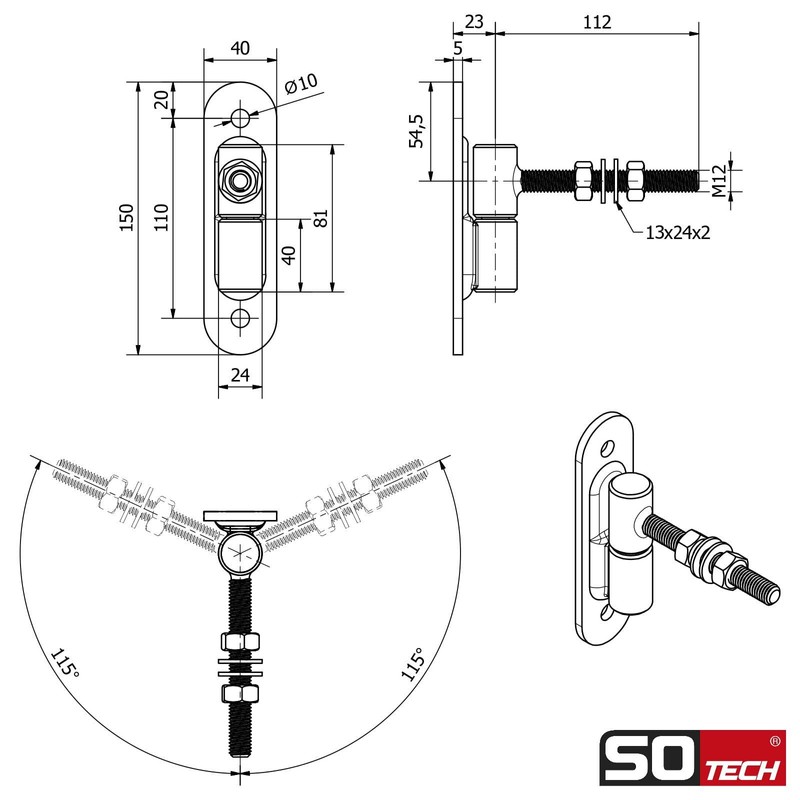 SOTECH Gate Hinge Diameter 24 mm M12 x 96 mm