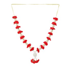 Artificial Mala Rose Flowers Ribbon Garland Haar Mala for Idol-Mala with Beads for God Statues Accessories Pooja Sringar Articles Ornament for Indian Traditional Festival Decoration(Size:-14")(Red)