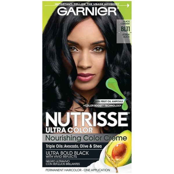 Garnier Nutrisse Ultra Color Nourishing Permanent Hair Color Cream, B11 Jet Blue Black (1 Kit) Black Hair Dye (Packaging May Vary), Pack of 1