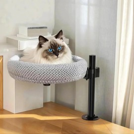Cat Desk Bed for Indoor Cats - Adjustable Height & 360° Rotating Sturdy Cat Furniture, Supports 44 lbs, Space-Saving Modern Perch/Nest for Home Office, Easy Assembly Elevated Pet Bed