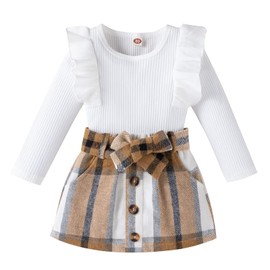Noubeau Toddler Baby Girls Plaid Outfits Knit Ribbed Sweatshirt Shirt Tops Red Plaid Belt Skirt Fall Winter Clothes (Brown-A, 9-12 Months)
