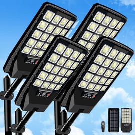 4 Pack Solar Street Lights Outdoor Waterproof, 6500K 20000LM Wide Angle Solar Powered Flood Light with Motion Sensor & Remote Control,Dusk to Dawn Commercial Solar Outdoor Light for Parking Lot