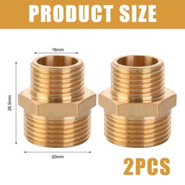 Double Nipple Brass Male Thread, Reducers 1/2 Inch to 3/8 Inch, Suitable for Drinking Water, Sanitary Connectors, Accessories for Water Hose, Pack of 2
