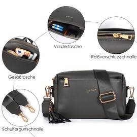 TAN.TOMI Women's Shoulder Bag, Women's Handbag, Crossbody Bag, Wide Shoulder Strap, Small Shoulder Bag for Three Zip Compartments, Women's Bag for Daily Work, Shopping, Travel, darkgray
