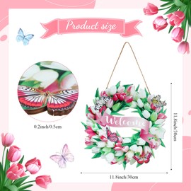 Frienda Spring Door Sign Tulips Wreath Summer Door Decoration 11.8" Welcome Sign Front Door Spring Flower Door Sign Butterfly Wreath Wooden Front Door Hanger Home Wall Decor Farmhouse Indoor Outdoor