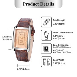 JewelryWe Vintage Rectangular Couple Watch: Analog Quartz Movement Leisure Business Exquisite Watch Premium PU Leather Strap Couple Watch for Men for Christmas