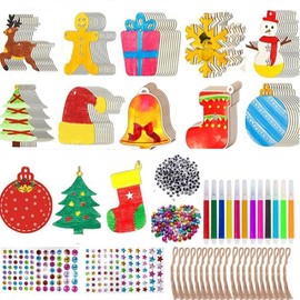 SHJOEE Holz Weihnachtsbaumschmuck Set DIY Christbaumschmuck Anhänger Kinder Holz Bastelhandwerk Weihnachtsbaum Deko Holzbastelsets zum Bemalen Weihnachtsdeko zum Aufhängen Jungen Mädchen Handwerk