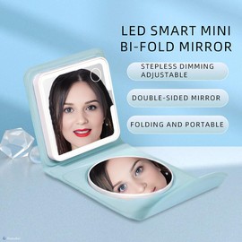 Handheld Bi-fold Makeup Mirror with LED Light, Compact PU Leather Foldable Vanity Mirror, Two Sides Makeup Mirror with 1X/5X Magnifier, Rechargeable Pocket/Purse Mirror