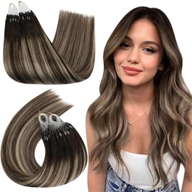 Ugeat Micro Link Hair Extensions Human Hair Brown Balayage Micro Beads Hair Extensions for Women Dark Brown with Ash Blonde Balayage Microloop Human Hair 14inch 50G 50S