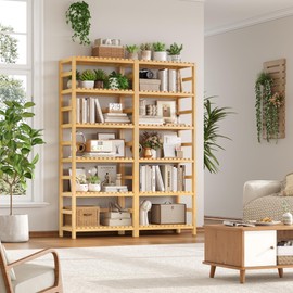 FOTOSOK 6-Tier Bamboo Shelf Set of 2, Bamboo Bookcase with Adjustable Shelves, Free Standing Storage Shelf Unit and Plant Flower Stand, Tall Large Bookshelf for Kitchen, Bathroom, Home Office, Natural