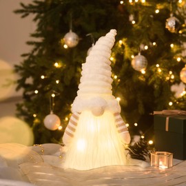 Valery Madelyn Christmas Gnome Tree Topper, 16.5 Inch Pre-Lit White and Gold Fabric Cute Santa Tree Top with Timing LED Lights for Party Tree Ornaments Christmas Decoration Indoor, Battery Operated