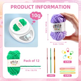 MIHURO Beginners Crochet Kit, 12x10g Polyester Crochet Yarn, Knitting Kit with Crochet Hooks Stitch Markers Needles, Kids Crochet Starter Kit for DIY Crafts, Kids Adults (12 Colours)