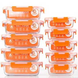 C CREST [10-Pack] Glass Food Storage Containers - Food Prep Containers with Lids - Microwave, Oven, Freezer and Dishwasher Safe