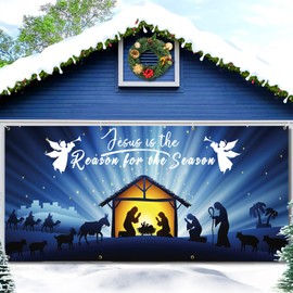 Christmas Nativity Garage Door Banner 16 x 7 ft, Large Christmas Garage Door Decorations Jesus Is The Reason for The Season Backdrop Background for Photo Holy Nativity Christmas Party Outdoor Banner