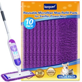 KEEPOW Reusable Pads for Swiffer Power Mop, Refill Pads for Swiffer Power Mop Wood Floor Cleaning, Microfiber Mop Pads for Hardwood Floors (10 Pack)
